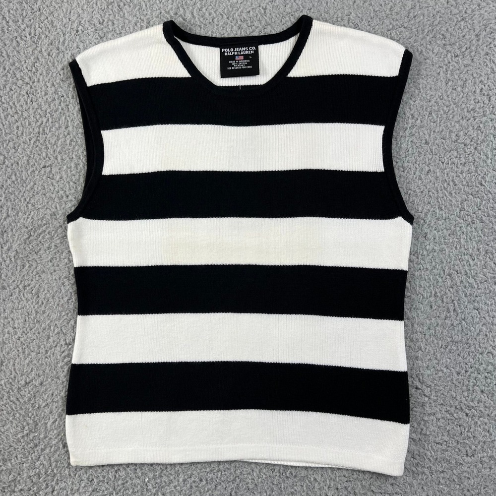 Polo Jeans Co Ralph Lauren Sweater Vest Womens L Black White Striped Cotton Knit